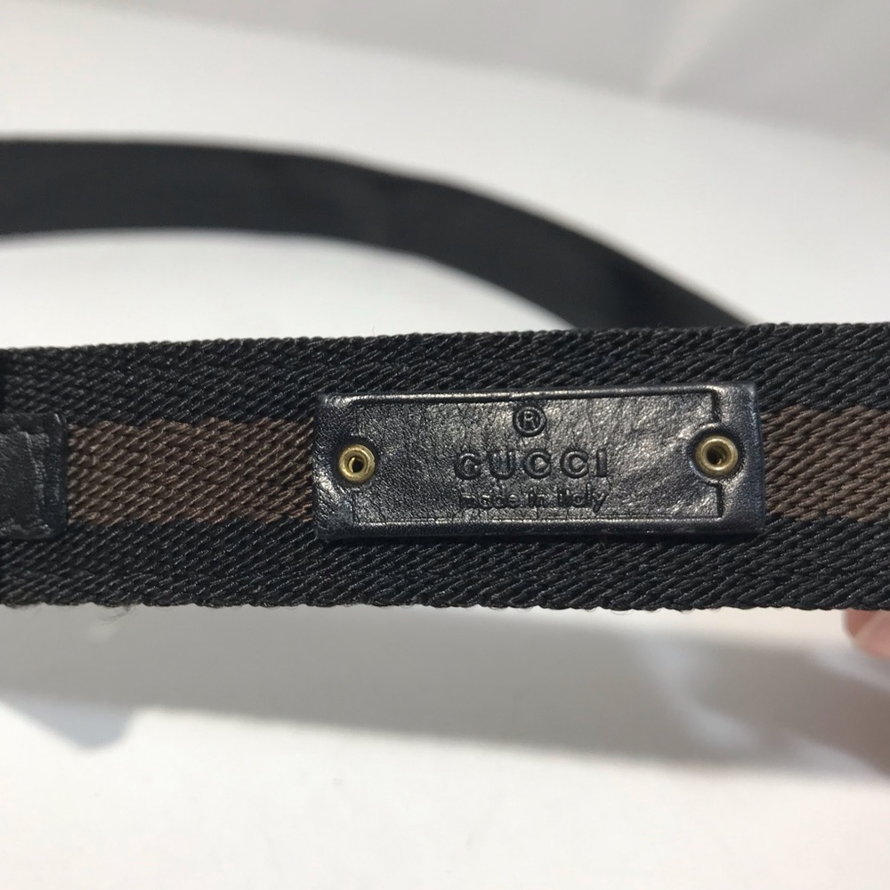 Authentic Gucci Woven Web and Leather Black & Chocolate Brown Logo Stripe Belt